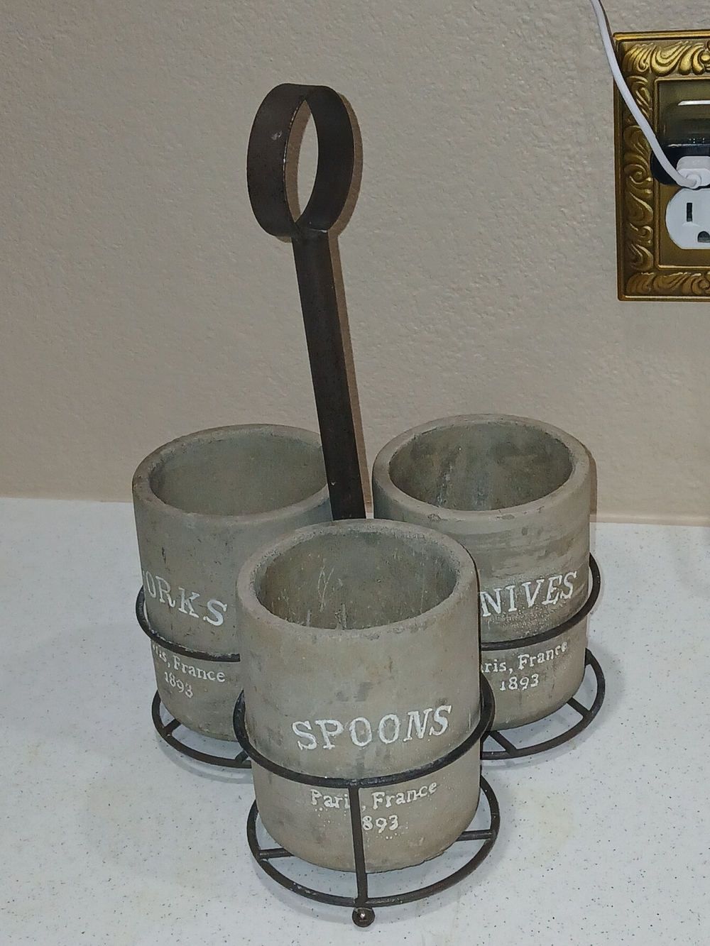Pier 1 concrete Kitchen Utensil And Silverware holders set.